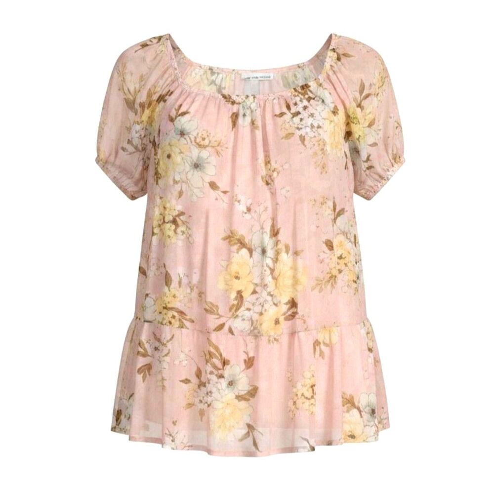 AGB Pastel Pink Floral Layered Peplum Blouse Flutter Sleeve Top
